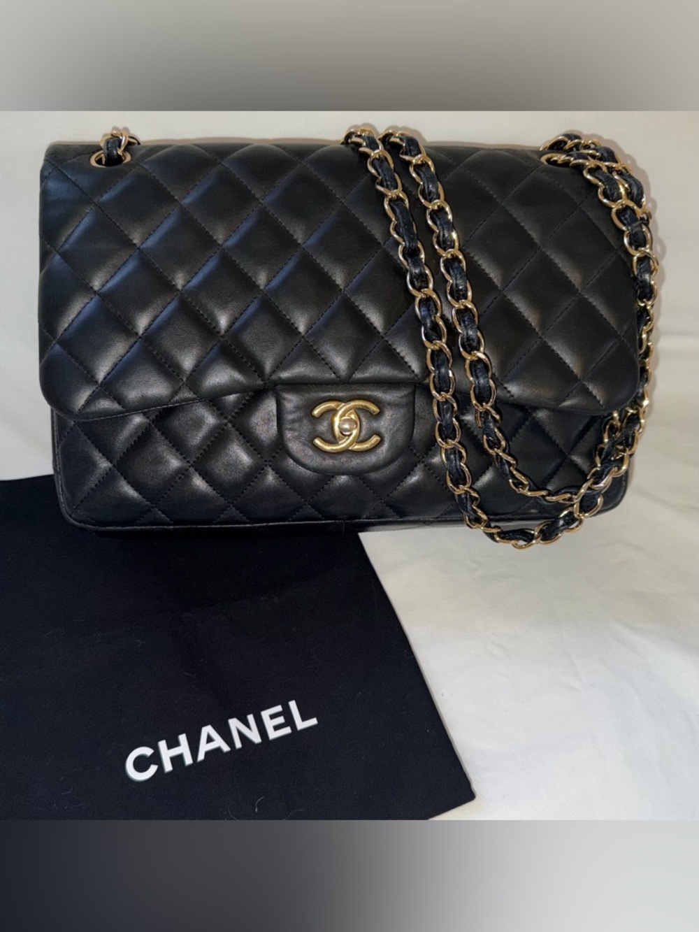 Chanel classic jumbo double flap bag black/gold $12500 W Dust bag